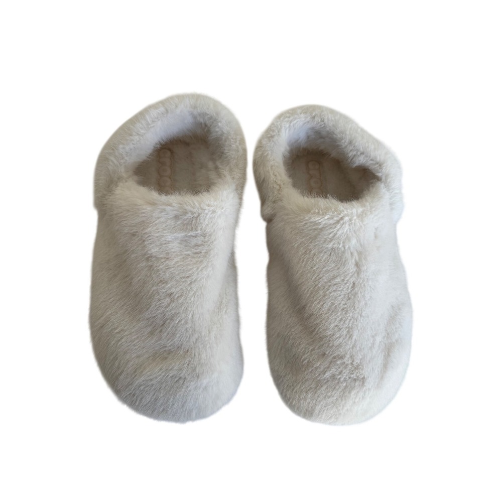 Crocs Fuzzy Slippers Women's Size 12 Cream Faux Fur Cozy slip ons